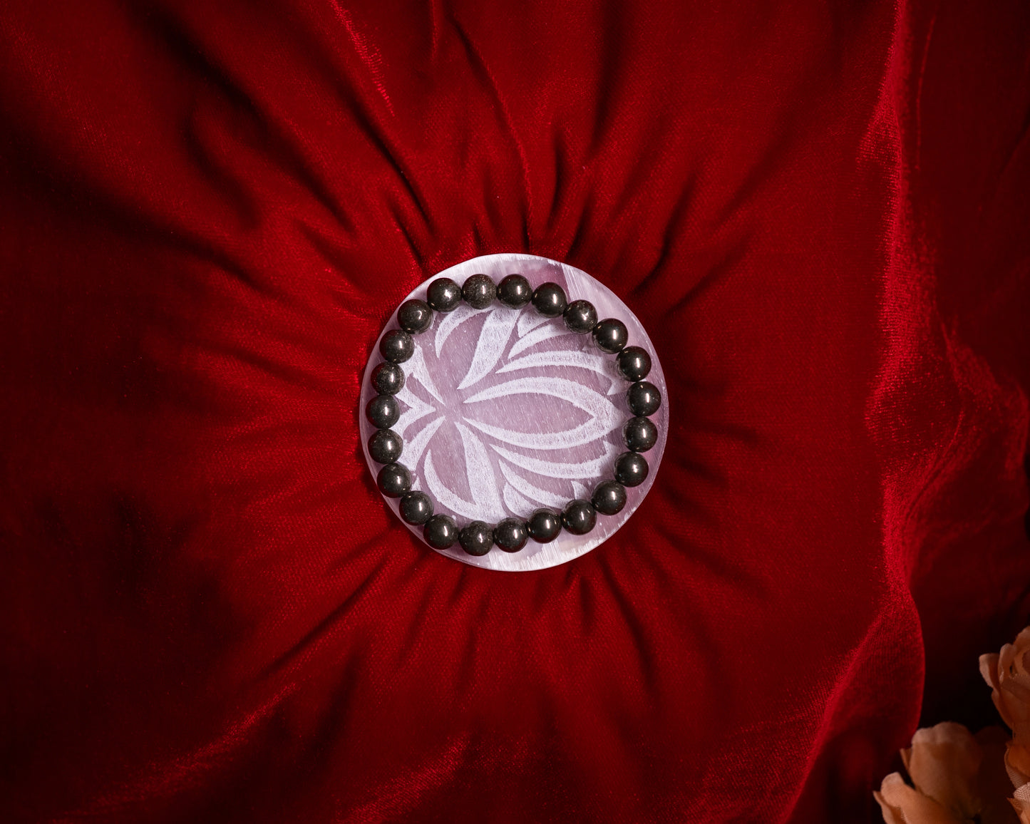 Selenite Plate with pyrite bracelet